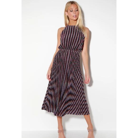Lucy Paris Rebecca Striped Pleated Halter Midi Dress Purple NWT - Picture 3 of 16